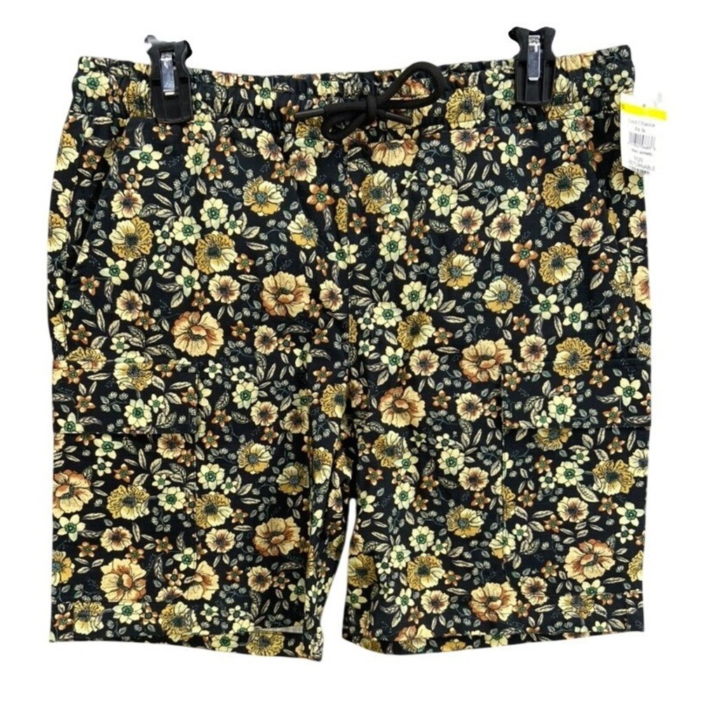 New River Island Shorts Sz 30 Floral Ripstop Cargo Black Yellow Drawstring Waist